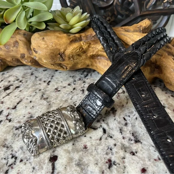 Brighton Braided Leather Belt with Silver Buckle Vintage Brighton Brown Braided Leather Belt w Ornate Silver  main image 4